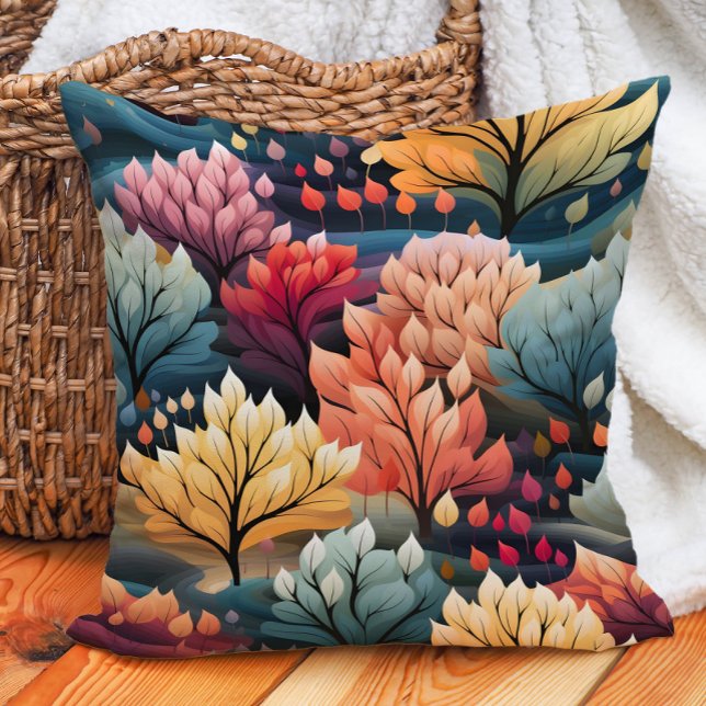 Orange Teal Gula Träd  Kudde (Teal, orange, and yellow autumn leaves pillow)