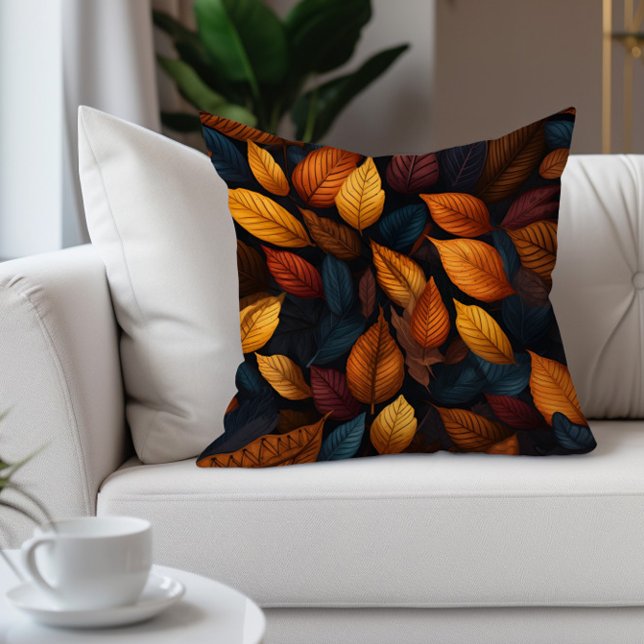 Orange Teal Höst Höstlöv Kudde (Warm burnt orange fall/autumn leaves decorator pillow)