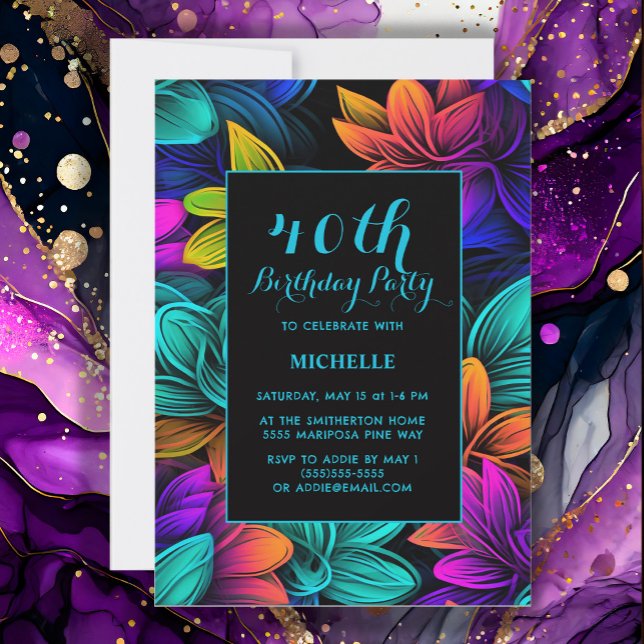 Orange Teal Lila Neon Blommor 40-årsdag Inbjudningar (Neon purple, yellow, and teal 40th birthday party invitation
)