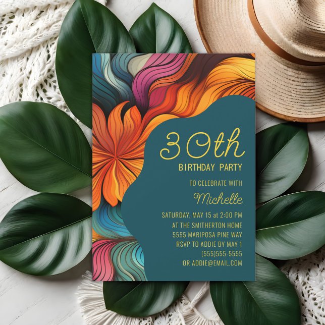 Orange Teal Retro Psykedelisk Modern Födelsedag Inbjudningar (Orange and teal retro, psychedelic curves 30th birthday party invitation)