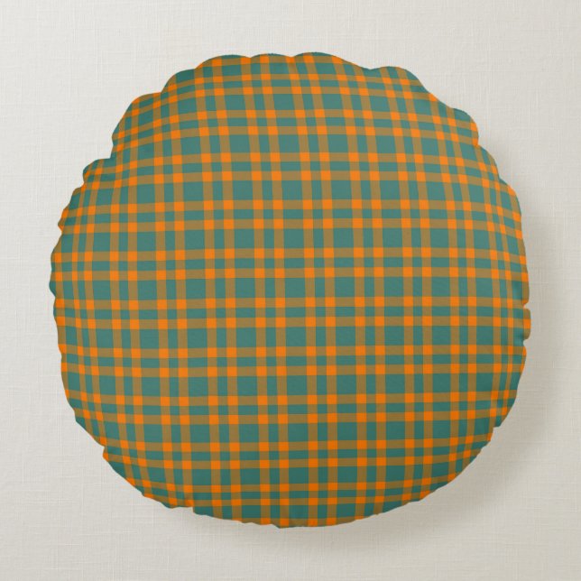 Orange Teal-rutigt mönster Rund Kudde (Framsidan)