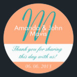 Orange Teal Simple Initial Wedding Favor Tack Runt Klistermärke<br><div class="desc">Aqua White Simple Initial Wedding Favor Tack Sticker. Anpassa ditt bröllop med den här eleganten, ett enkelt dekaler av snyggt bröllop med turkos och orange och bakgrund, brud och groom namn och monogram, tillsammans med ditt tack och bröllop-datum tryckt i elegant text typsnitt. Utformning av Elke Clarke©. Det här är...</div>