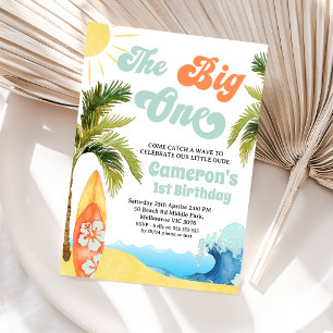 Orange Teal Surfa Wave Big One 1st Birday Inbjudningar