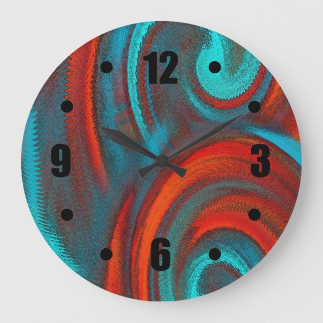 Orange Teal Swirling Abstract Design Stor Klocka (Framsida)
