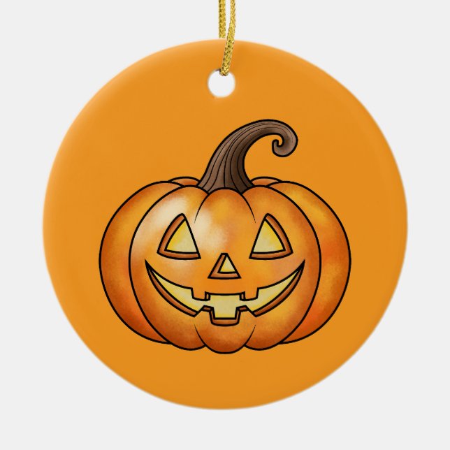 Orange Tecknad Pumpa Med Anpassad Text Halloween Julgransprydnad Keramik (Framsidan)