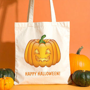 Orange Tecknad Pumpkin och Happy halloween-text Tygkasse