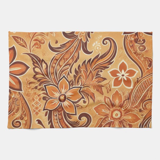 Orange Terracotta Batik Blommigt Boho Rustic Kökshandduk (Horisontell)