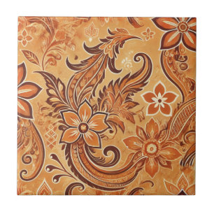 Orange Terracotta Blommigt Boho indonesisk batik Kakelplatta