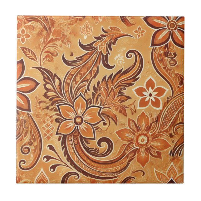 Orange Terracotta Blommigt Boho indonesisk batik Kakelplatta (Framsidan)