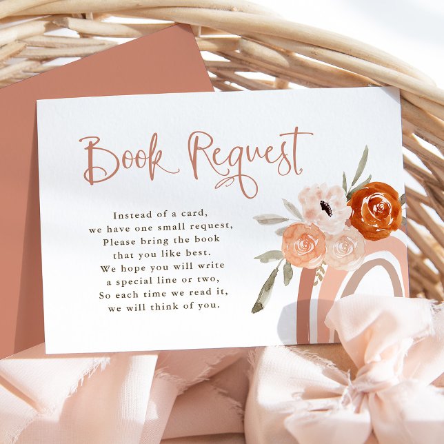 Orange Terracotta Boho | Begäran om Rainbow Baby B Tilläggskort (A cute, boho baby shower book request card with a neutral terracotta rainbow and flowers)