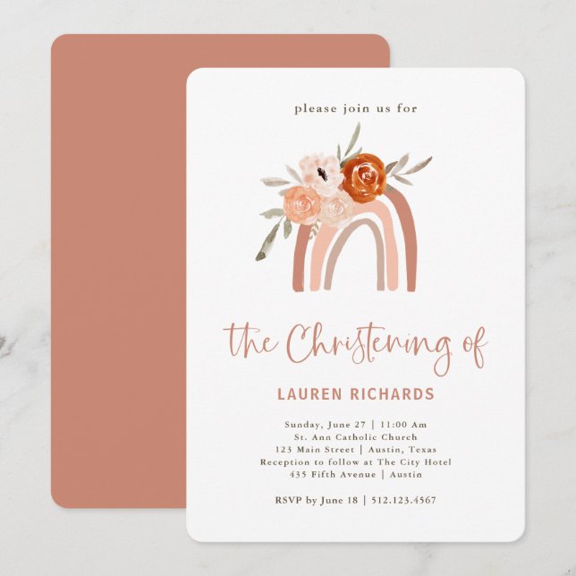 Orange Terracotta Boho | Rainbow Christening Inbjudningar (Fram/baksida)