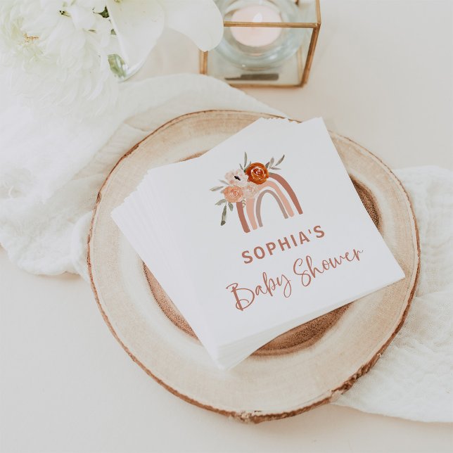 Orange Terracotta Boho | Regnbågsluss Pappersservett (Cute boho baby shower napkins, with a neutral terracotta rainbow and flowers)