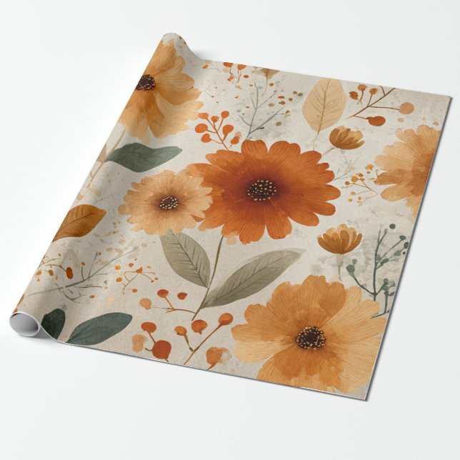Orange Terracotta Vintage Floral Botanical Presentpapper (Utrullad)