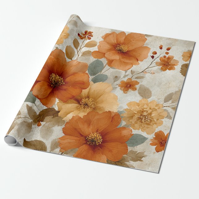 Orange Terracotta Vintage Floral Botanical Presentpapper (Utrullad)