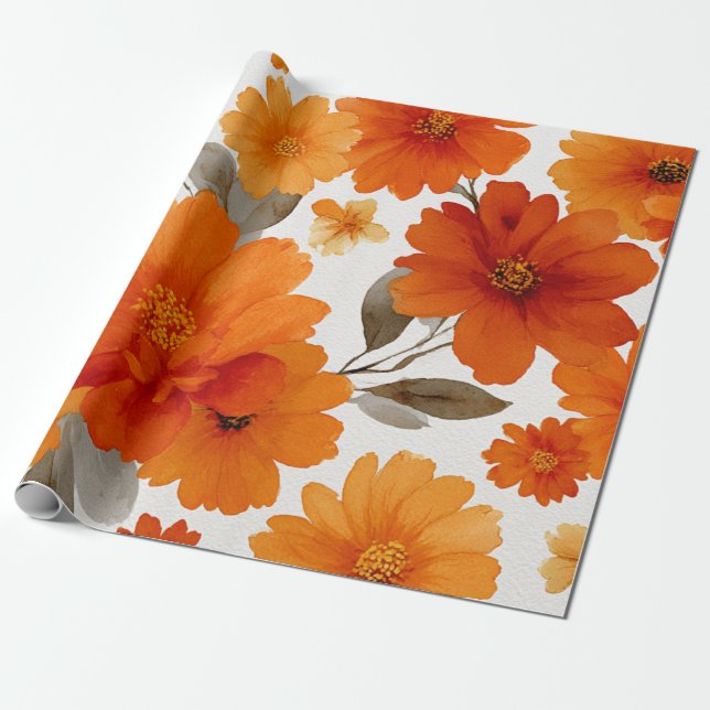 Orange Terrakotta Vintage Blommor Botanisk Presentpapper (Utrullad)