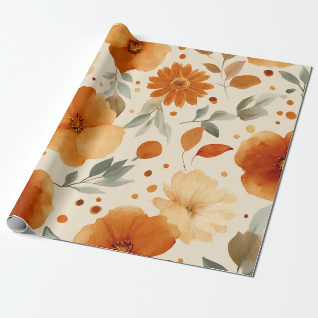 Orange Terrakotta Vintage Blommor Botanisk Presentpapper (Utrullad)