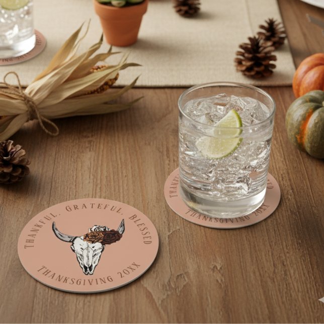 Orange Thanksgiving Blommigt Bull Skull Cow Skull Underlägg Papper Rund (Fall Thankful Grateful Blessed Orange Thanksgiving or Friendsgiving Orange Floral Cow Skull Coaster)