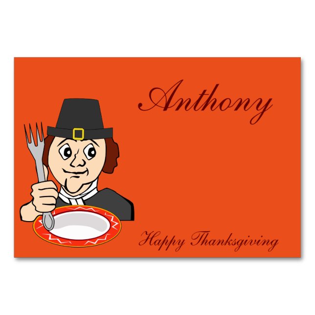 Orange Thanksgiving Bord Cards Hungrig Pilgrim Bordsnummer (Framsidan)