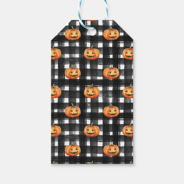 ORANGE THANKSGIVING PUMPKINS BLACK WHITE PLAID PRESENTETIKETT (Framsidan)