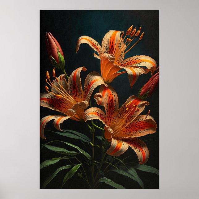 Orange Tiger Lilies Flower Art Print Poster (Framsidan)