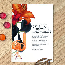 Orange Tiger Lilies Navy Blue Magenta Fall Wedding Inbjudningar