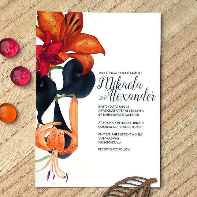 Orange Tiger Lilies Navy Blue Magenta Fall Wedding Inbjudningar (Orange, Blue, Magenta Fall Tiger Lilies, Calla Lilies Wedding Invitations)