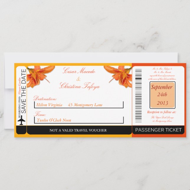 Orange Tiger Lill Boarding Pass Wedding bjudande Inbjudningar (Framsida)