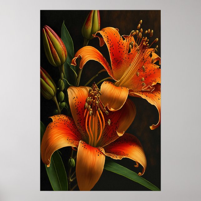 Orange Tiger Lily Flowers Art Print Poster (Framsidan)