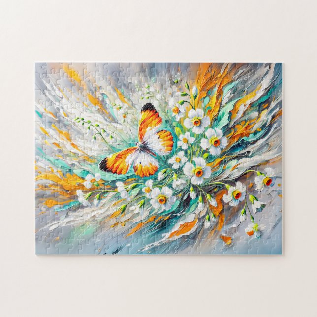 Orange Tip Butterfly med Daffodils Oljemålning Pussel (Horisontell)