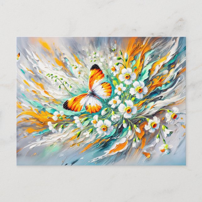 Orange Tip Butterfly med Daffodils Oljemålning Vykort (Framsida)
