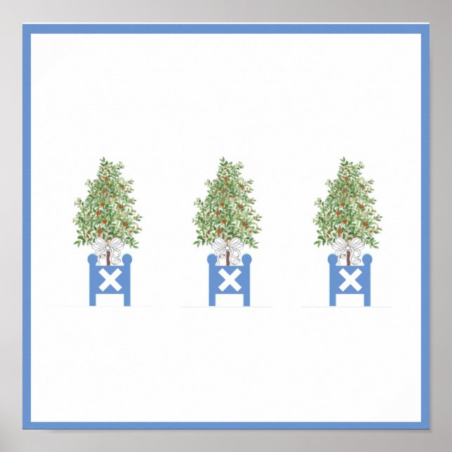 Orange Topiary Blue White Planter Box-utskrift Poster (Framsidan)