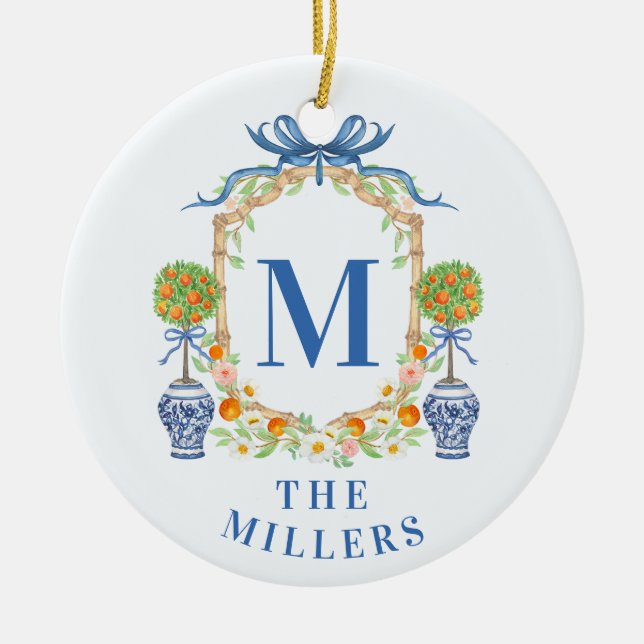 Orange Topiary Chinoiserie Monogram Adress Julgransprydnad Keramik (Framsidan)