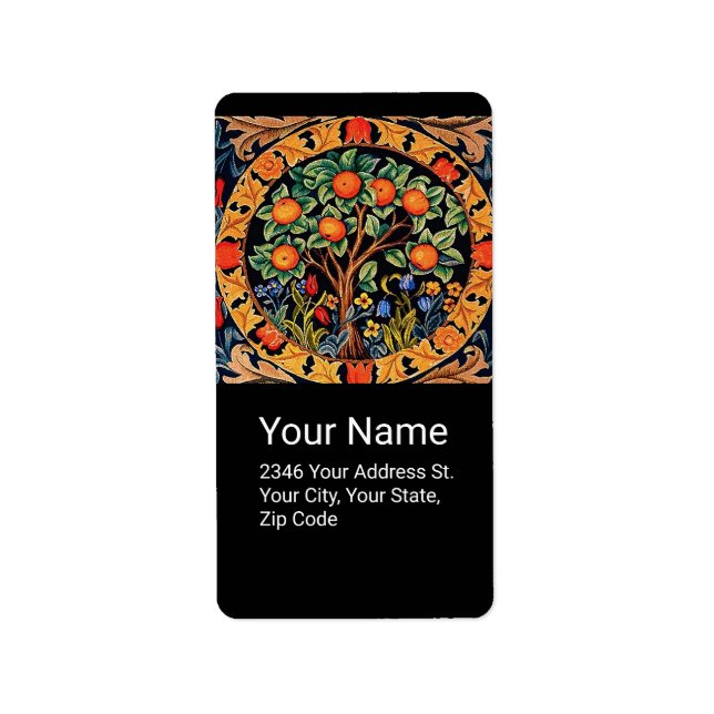 ORANGE TRÄD MED GRÖNT LÖV,BLOMMAR Svart Adressetikett (Framsidan)