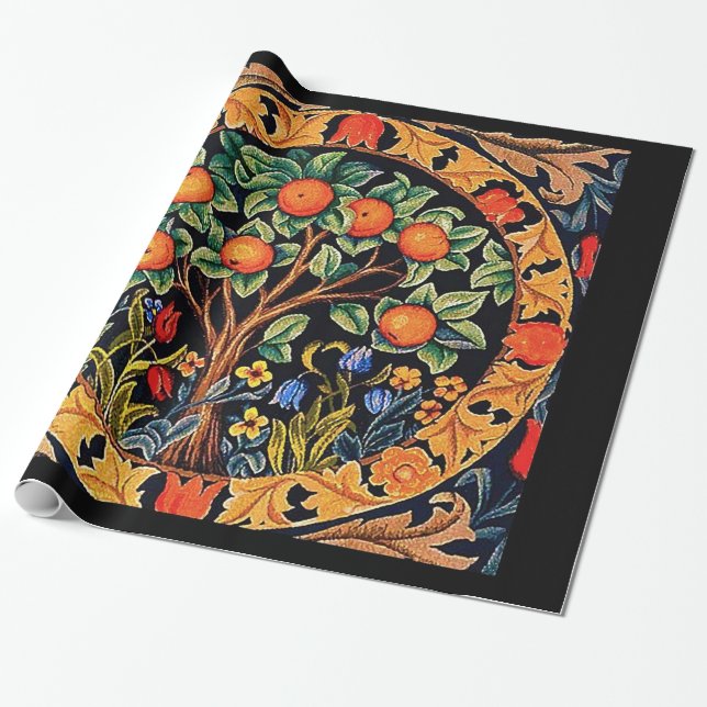 ORANGE TRÄD MED GRÖNT LÖV,FLÖDEN PRESENTPAPPER (Utrullad)