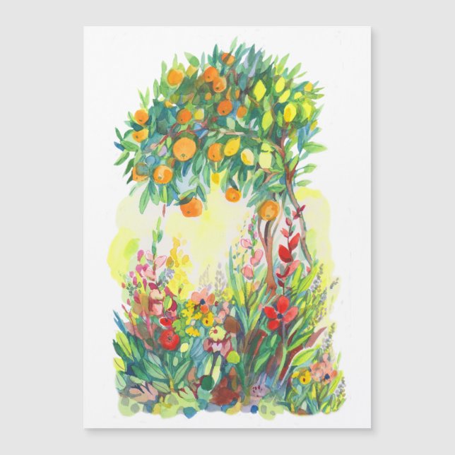Orange träd och blommor, vattenfärgning (Framsida)