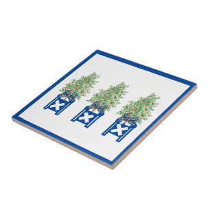 Orange träd Topiary Blue Chinoiserie Kakelplatta