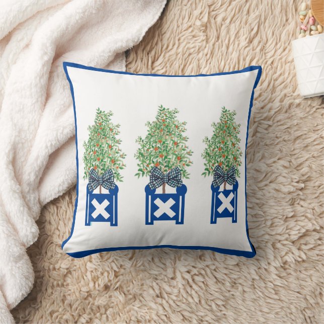 Orange träd Topiary Blue Chinoiserie Kudde (Filt)
