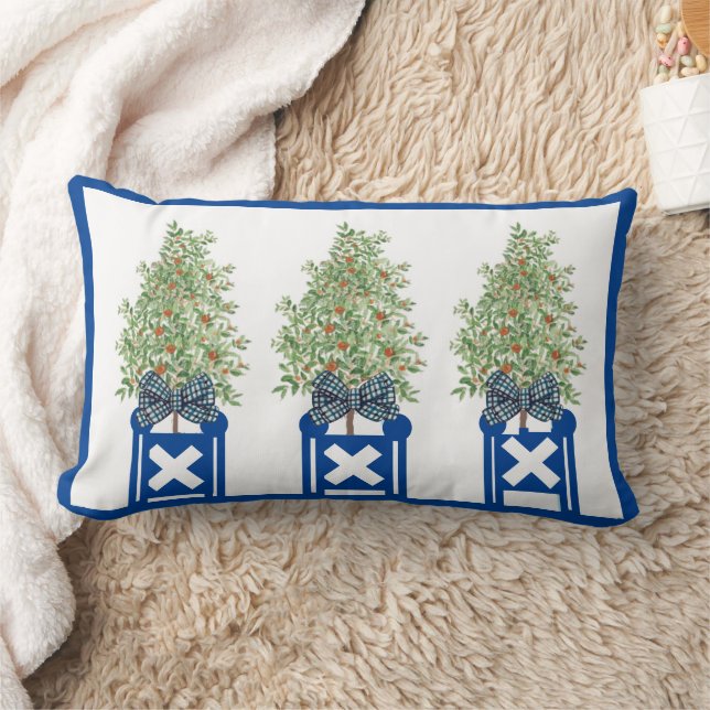 Orange träd Topiary Blue Chinoiserie Lumbarkudde (Filt)