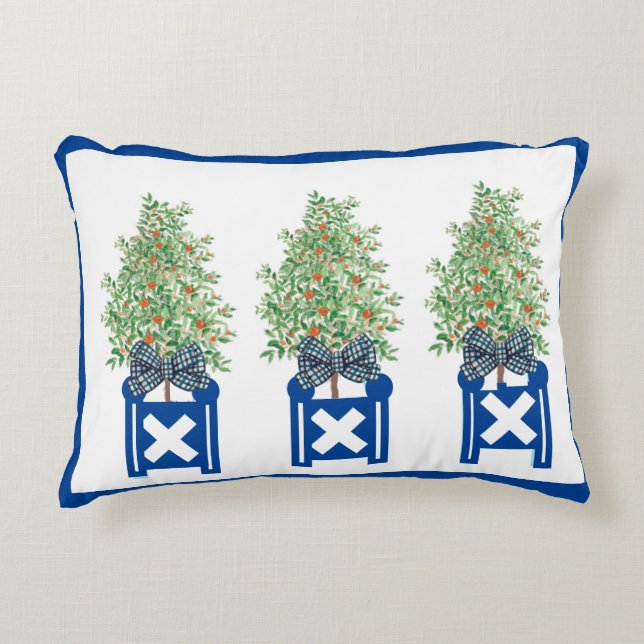 Orange träd Topiary Blue Chinoiserie Prydnadskudde (Framsidan)