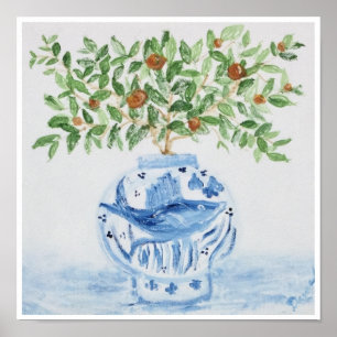 Orange Träd Topiary Blue Ginger Burk Art Skriv ut Poster