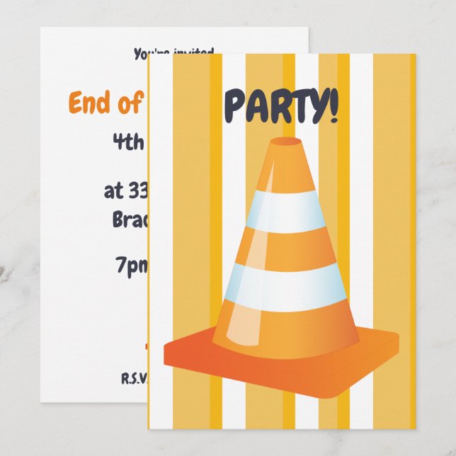 Orange trafikkon byggmaskin fest inbjudningar (Fram/baksida)