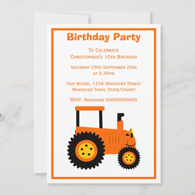 Orange Traktor Design Personlig Födelsedagsfest Inbjudningar (Framsida)