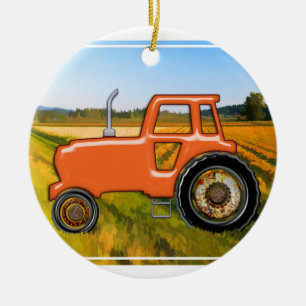 Orange traktor i fälten julgransprydnad keramik