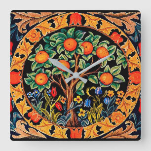 ORANGE TREE WITH GREEN LEAVES,FLOWERS FYRKANTIG KLOCKA