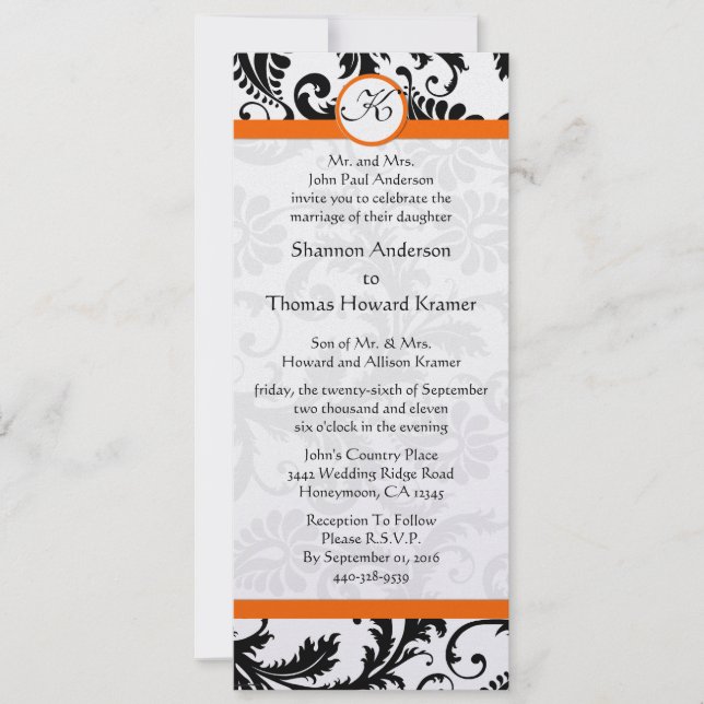 Orange Trim Black and White Damask Wedding Inbjuda Inbjudningar (Framsida)