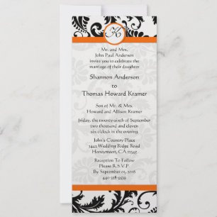 Orange Trim Black and White Damask Wedding Inbjuda Inbjudningar
