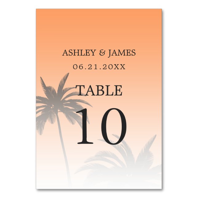 Orange Tropical Handflatan Träd Beach Wedding Bordsnummer (Baksidan)