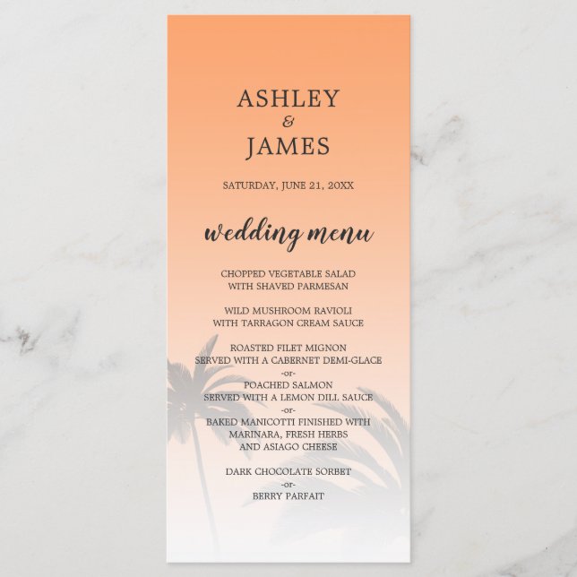 Orange Tropical Handflatan Träd Beach Wedding Meny (Framsida)