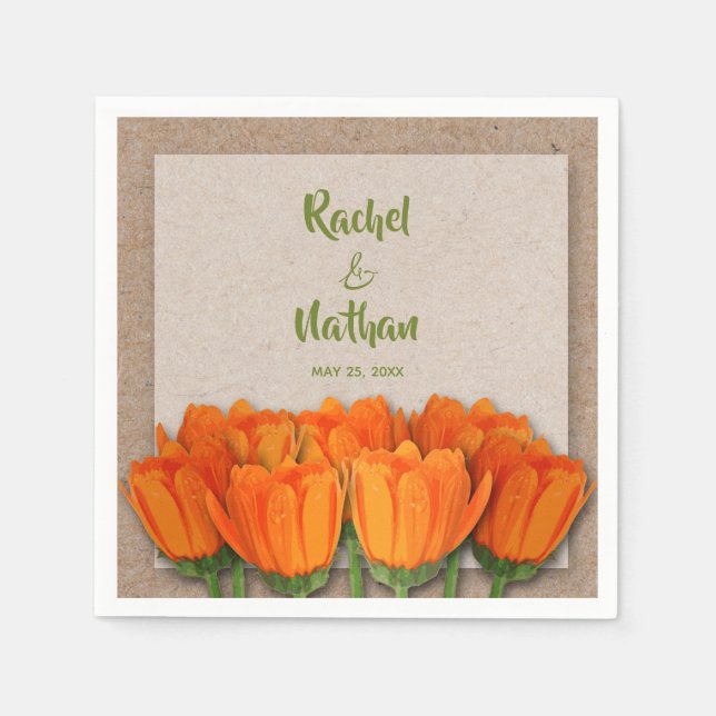 Orange Tulips on Kraft Background Party Napkins Pappersservett (Framsidan)