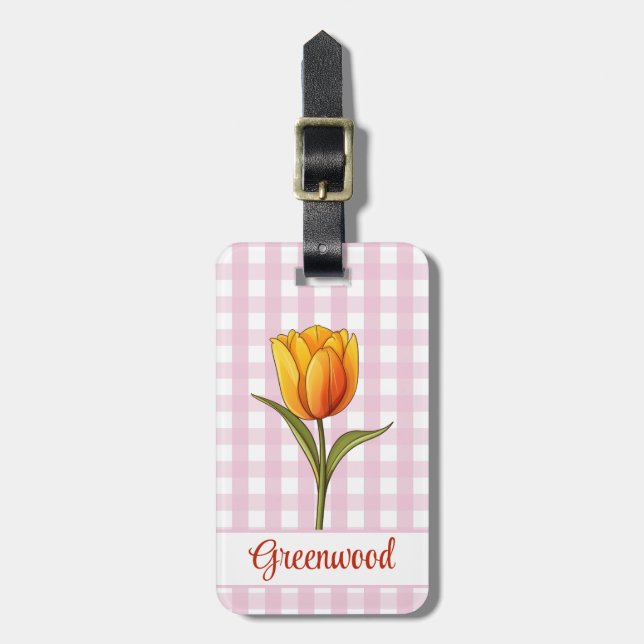 Orange Tulpan, Rosa Gingham, Anpassad Bagagebricka (Vertikal Framsida)